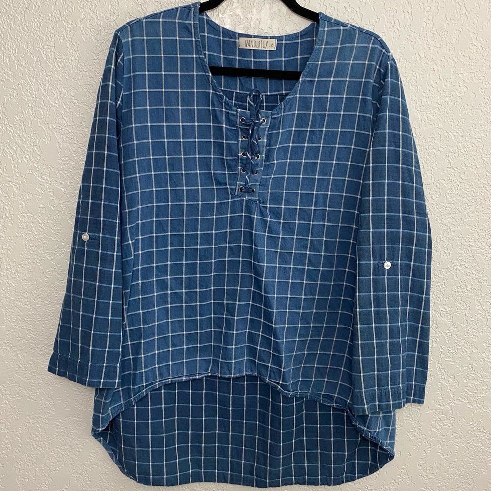 Wanderlux- blue window pane chambray lace up long sleeve top Size Medium